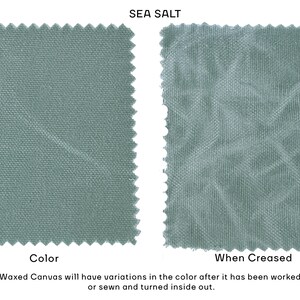 May include: Two rectangular swatches of sea salt colored waxed canvas with pinked edges. The left swatch shows the smooth color, while the right swatch displays the texture when creased. Text reads: SEA SALT, Color, When Creased, Waxed Canvas will have variations in the color after it has been worked, or sewn and turned inside out.