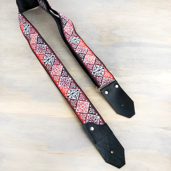 Guitar Strap Leather and Seat Belt Webbing - Red and Black