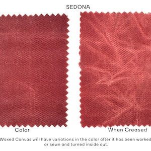 May include: Two rectangular swatches of Sedona red waxed canvas with pinked edges. The left swatch shows the flat color, while the right swatch displays the lighter, distressed texture when creased. Text reads: SEDONA, Color, When Creased.