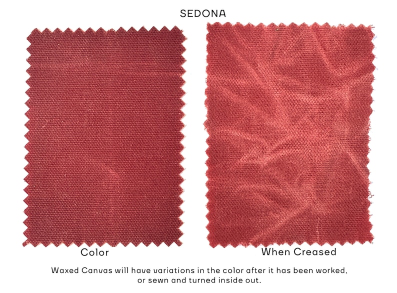 May include: Two rectangular swatches of Sedona red waxed canvas with pinked edges. The left swatch shows the flat color, while the right swatch displays the lighter, distressed texture when creased. Text reads: SEDONA, Color, When Creased.