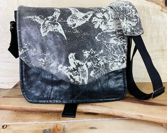 Leather Tablet Book School Bag New Satchel  -  Black and Birds Book Bag