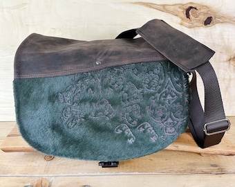 Cow Hair Leather Camera Bag MEDIUM-LONG Handmade Satchel Emerald Green Paisley