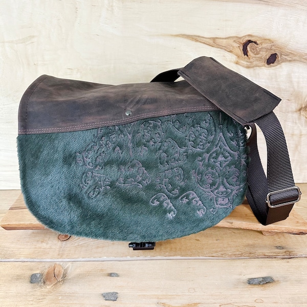 Cow Hair Leather Camera Bag MEDIUM-LONG Handmade Satchel Emerald Green Paisley