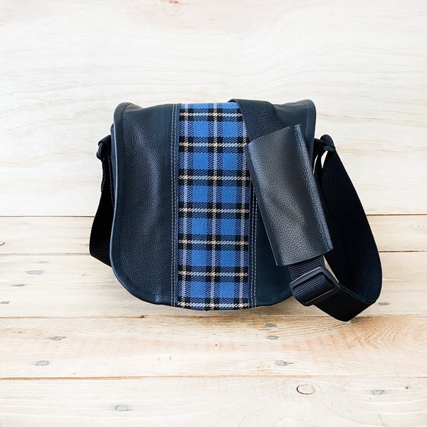 Camera Bag - SMALL Plaid Black Leather Tapestry and Leather DSLR Camera Bag