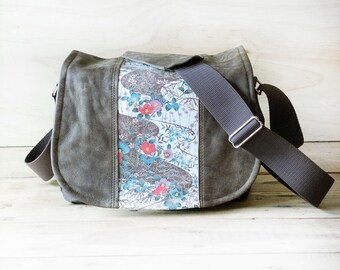 Japanese Floral Camera Bag MEDIUM Handmade Medium Leather Brown Distressed Satchel Bag