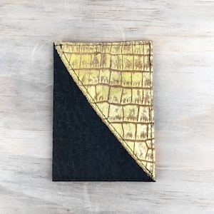 Cartera de pasaporte de cuero hecha a mano -Cuero negro dorado