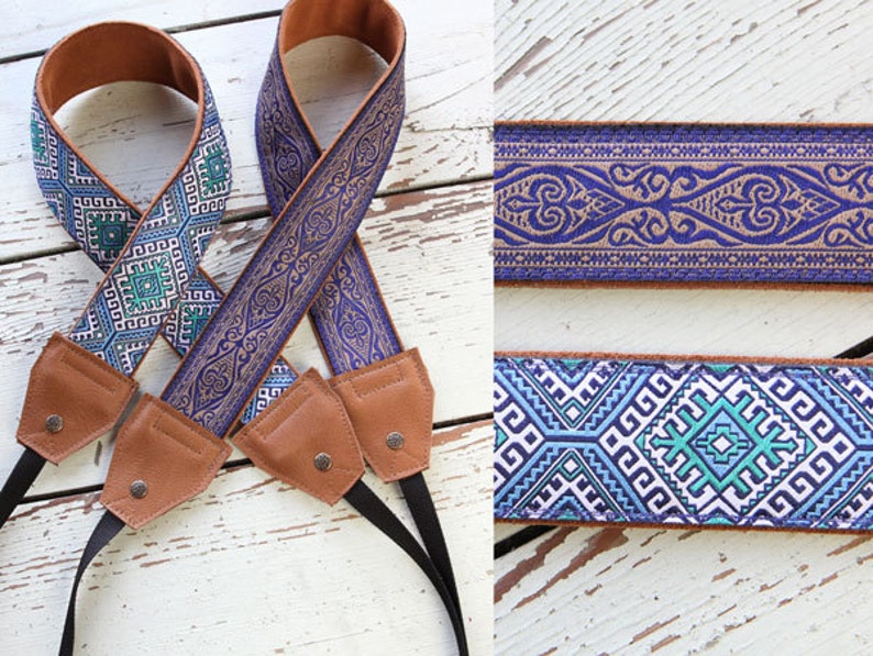 Handmade Leather and Suede Camera Straps in Blue Nordic and Blue Damask DSLR SLR Photo