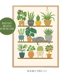 Boho Wall Decor, DIGITAL DOWNLOAD, Gray Cat and Plants Printable Wall Art, Plant Lover Gift, Potted Indoor Plants Poster, House Plants Print
