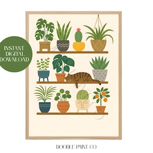 Boho Wall Decor, DIGITAL DOWNLOAD, Brown Cat Plants Printable Wall Art, Plant Lover Gift, Potted Indoor Plants Poster, House Plants Print