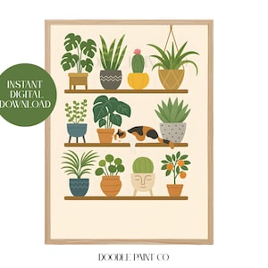 Boho Wall Decor, DIGITAL DOWNLOAD, Calico Cat Plants Printable Wall Art, Plant Lover Gift, Potted Indoor Plants Poster, House Plants Print