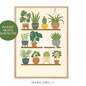 Boho Wall Decor, DIGITAL DOWNLOAD, White Cat Plants Printable Wall Art, Plant Lover Gift, Potted Indoor Plants Poster, House Plants Print