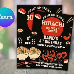 Hibachi Birthday Dinner Invitation: Asian Theme, Editable Canva Template (5x7 Inches)
