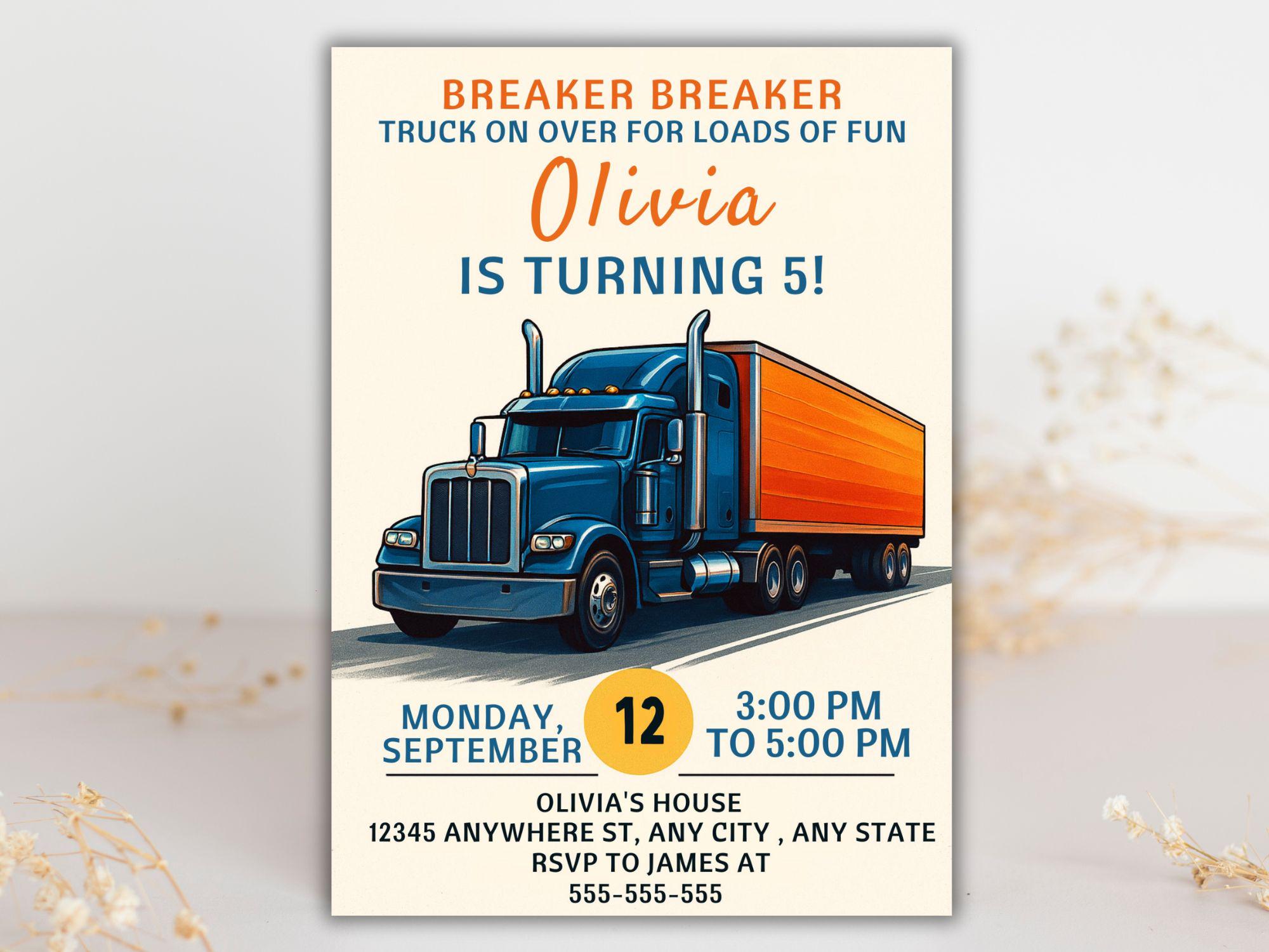 Blue Truck Birthday Invitation: Big Rig Party, Editable Template (5x7 ...