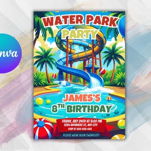 Water Park Birthday Invitation,Water Park Party Invitation,Summer Pool Party,Waterslide Birthday Party,Instant Download,Editable,Canva
