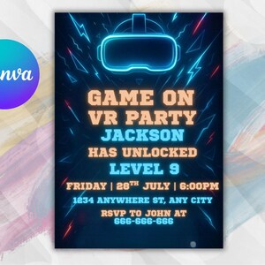 Może przedstawiać: Cyfrowe zaproszenie na imprezę VR, z neonową niebieską grafiką zestawu słuchawkowego VR. Tekst "GAME ON VR PARTY" jest wyświetlany na pomarańczowo, ze szczegółami dotyczącymi świętowania 9 poziomu Jacksona.