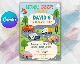 Bewerkbare verjaardagsuitnodiging transport: Vehicle Party, Cars Evite (5 x 7 inch, pdf-sjabloon)