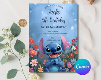 Stitch Birthday Invitation Template: Editable Cartoon Evite (Digital Download, 5x7 Inches)