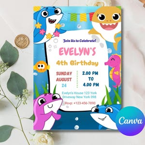 Bearbeitbare Rosa Baby Hai Geburtstagseinladung | Mädchen Kinder Party einladen | Canva Vorlage für sofortigen digitalen Download