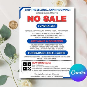 May include: A flyer for Winfield Elementary PTO's fundraiser, with the text "NO SALE" in large red letters. It encourages donations to support field trips and classroom supplies. The fundraising goal is $3000. Includes QR code and contact information.