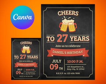 Vintage Beer Birthday Invitation | Cheers Party, Editable Canva Template (Digital Download)