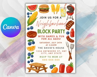 Neighborhood Block Party Invitation: Editable BBQ Invite (5x7 Inches, Canva Template, Digital Download)