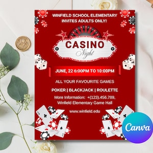 Bewerkbare flyer voor casino-avondevenement | Aangepaste uitnodiging voor een inzamelingsactie voor poker | Digitale uitnodiging voor avondje uit voor ouders | Afdrukbare uitnodiging voor casinofeest