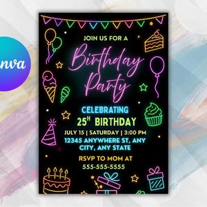 Glow Party Birthday Invitation, Glow 5th Birthday Invitation, Girl&#39;s Neon Party Template, Glow Party Invitation Template, Instant Download