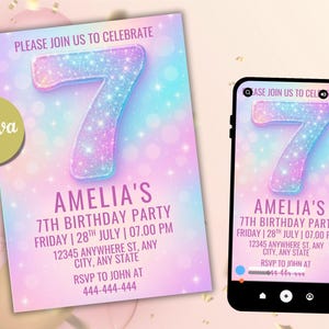 Bearbeitbare 7. Geburtstagsparty Einladungsvorlage, Glitzer Siebter Geburtstag Spaß Einladen, Mädchen Regenbogen Folie Pastell Digitale Geburtstagseinladung