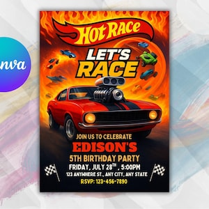 Editable Hot Cars Invitation, Hot Wheels Invitation, Hot Race Cars Birthday Template, Hot Wheels Template, Editable Kids Birthday Invitation