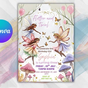 Editable Fairy Birthday Invitation Whimsical Enchanted,Fairy Party Magical Floral Fairy Princess Party Instant Download Editable - CANVA-