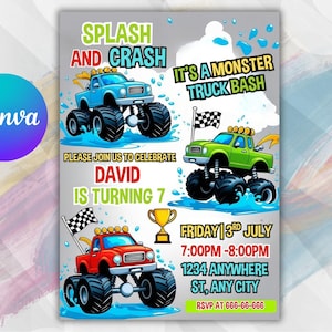 EDITABLE Monster Truck Birthday Invitation, Printable Boys Monster Truck Party Template, Digital Pool Party Evite, Splash and Crash Invite