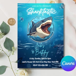 Editable Shark Invitation, Shark Invites, Boy Invitation, Shark Birthday Theme, Kids Birthday Party Invites, Sharktastic Instant Download