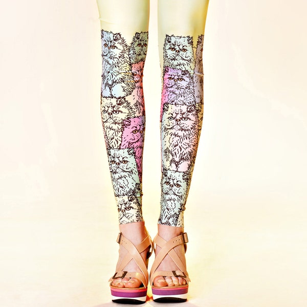 Kalk-gelb-Leggings mit Neon mürrischen Katzen