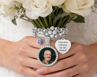 Personalized Wedding Bouquet Charm, Custom Memorial Bridal Photo Locket with Rhinestone, Keepsake for Bride, Wedding Gift for Her