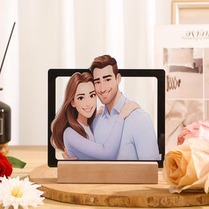Custom Pixar-Style LED Night Light - Personalized Couple Portrait Acrylic Frame, Unique Anniversary/Birthday Gift Keepsake