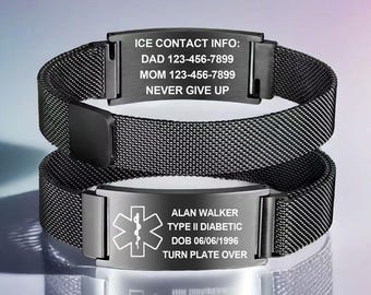 Spersonalizowana bransoletka medyczna z grawerunkiem, niestandardowy znacznik alarmowy, hipoalergiczny prezent ze stali nierdzewnej dla kobiet i mężczyzn z alergią na cukrzycę