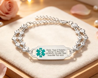 Waterproof Medical ID Bracelet Women | Heart Link Chain Alert Jewelry |Custom Engraved Diabetes Epilepsy Bracelet | Mothers Day Gift for Her
