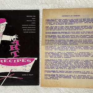 May include: A vintage book cover titled "ART RECIPES" with a cartoon illustration of a person wearing a beret. The book is black with pink lettering and a pink banner. A handwritten recipe sheet is next to the book.