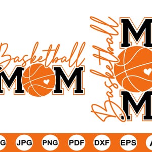 Pode incluir: Um design digital com as palavras "Basketball Mom" em escrita laranja e letras pretas. Uma bola de basquete laranja com um coração branco está centrada no design. O design está em um fundo branco.