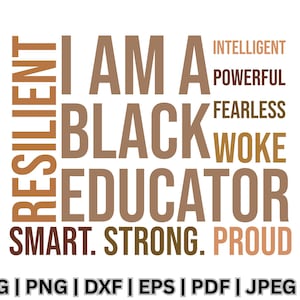 May include: A brown and tan word art graphic with the text "RESILIENT I AM A BLACK EDUCATOR SMART. STRONG. PROUD" and the words "INTELLIGENT", "POWERFUL", "FEARLESS", and "WOKE" stacked vertically on the right side of the graphic. The graphic also includes the text "SVG | PNG | DXF | EPS | PDF | JPEG | AI" at the bottom.