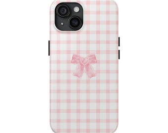 Chic Pink Gingham Phone Case with Heart Bow, Stylish Tough Phone Cases for Girls, Cute Girly Accessories, Valentine&#39;s Gift, Fashionable Tech