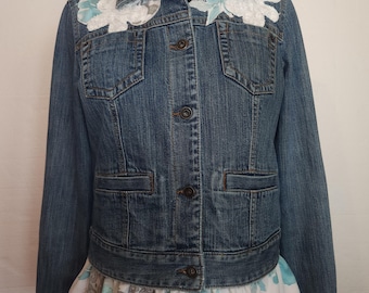 Jacket Denim Embellished Boho Upcycled Vintage Fabric Casual jean coat misses size 8