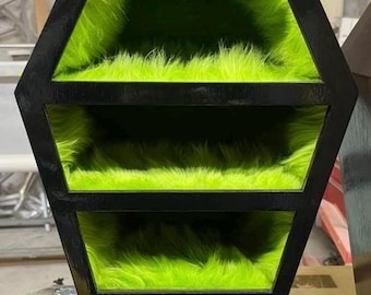 Handmade Gothic Coffin Shelf | Neon Green Fur Lined Display