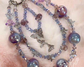 Beaded Phone Wrist Strap, Pastel Butterfly Crystal Phone Charm, Iridescent Kawaii Fairycore Aesthetic Strap, Beaded Bag Charm Keychain – A16