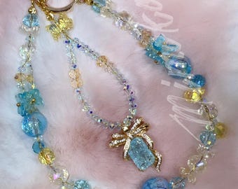 Beaded Phone Wrist Strap, Aquamarine Gem Bow Crystal Phone Charm, Blue Yellow Ocean Aesthetic Phone Strap, Beaded Bag Charm Keychain – B25