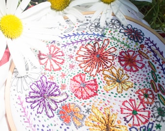 Meadow Embroidery Sampler, Floral Pattern (8" x 8")