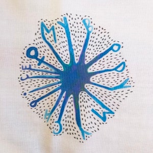 May include: A blue and white abstract design with a central blue circle and radiating lines. The lines are dotted with black and have various shapes and letters.