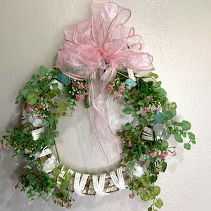 Handmade Feminine Floral Wreath with Pink Bow –Wall Décor Pink Door Decor, Mother&#39;s Day Gift, Wedding or Baby Shower Wall Hanging