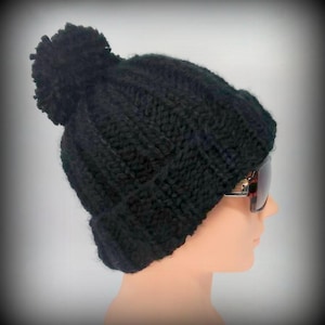 HAND KNIT HAT - Black Pom Pom
