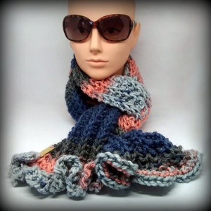 HAND KNIT SCARF - blue, peach, gray ruffle